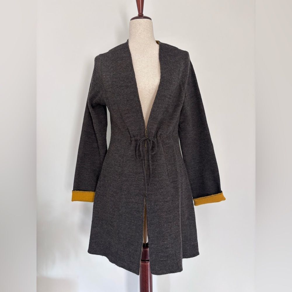REVUE Wool Blend Long Sweater Gray and Yellow Tie Front